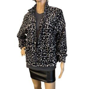 Kim Rogers Petite Sz PXL Black and White Leopard Print Zip-Up Velour Jacket